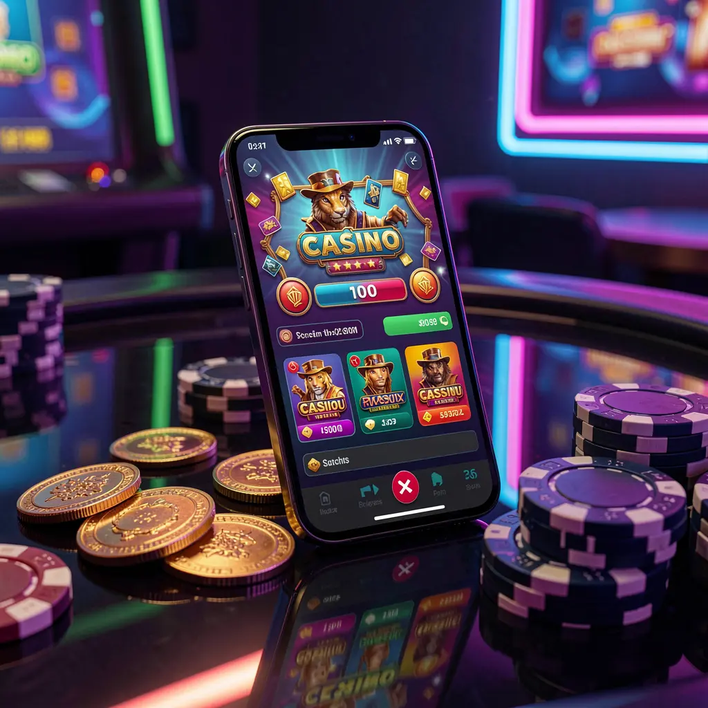 GA7777 mobile casino dashboard on a smartphone displaying a colorful gaming interface with golden coins and poker chips on a glossy table under elegant neon lighting