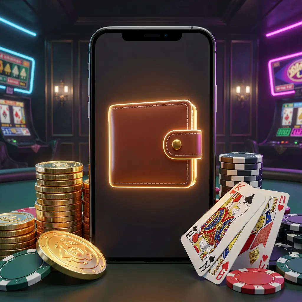 GA7777 online casino deposit bonus concept featuring a smartphone screen with a glowing wallet icon surrounded by stacks of golden coins, poker chips, and bank cards on a dark luxury background with neon highlights in a realistic 3D illustration