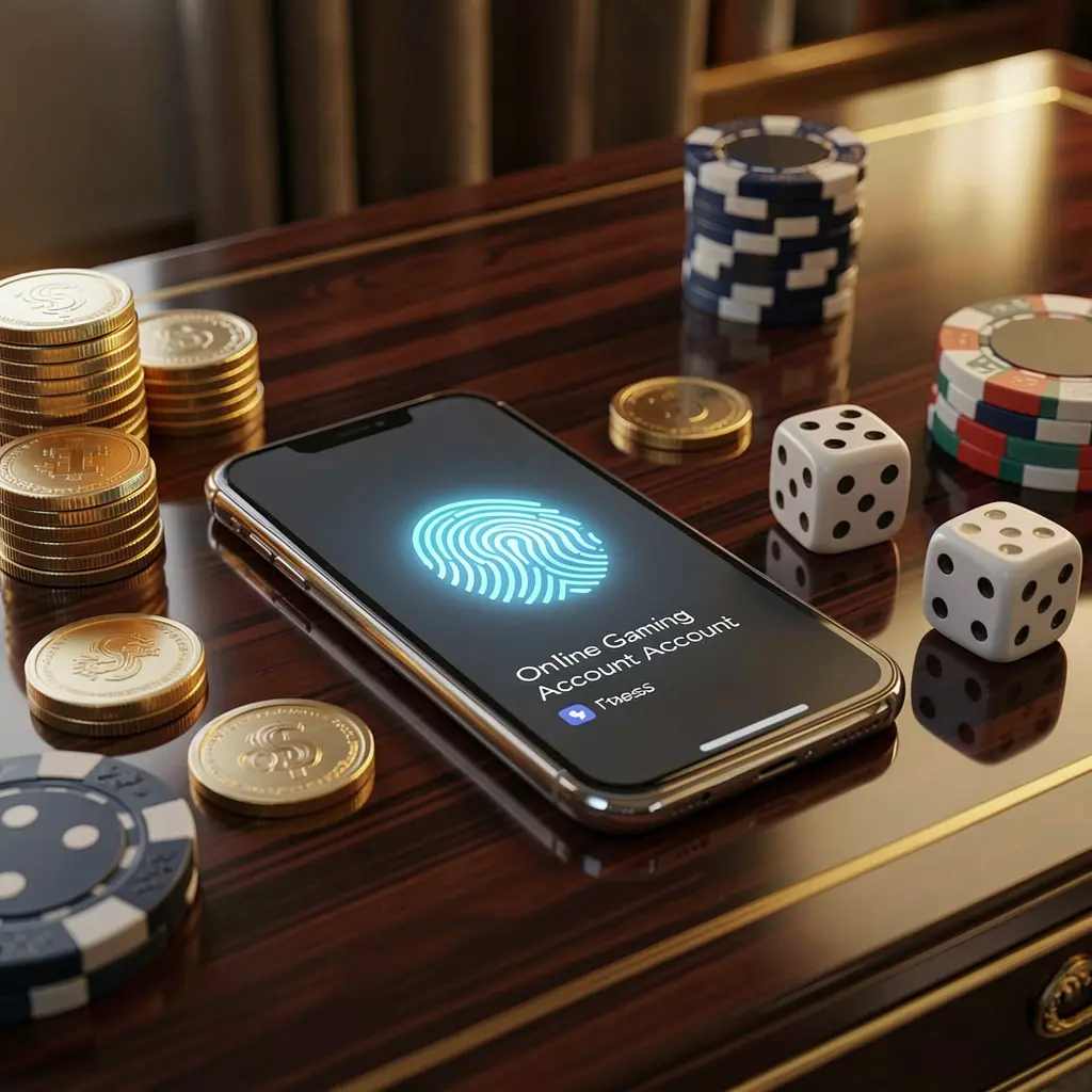 GA7777 online gaming account access scene showing a smartphone with a glowing fingerprint icon, golden coins, dice, and poker chips on a glossy table under cinematic lighting in a luxury 3D render