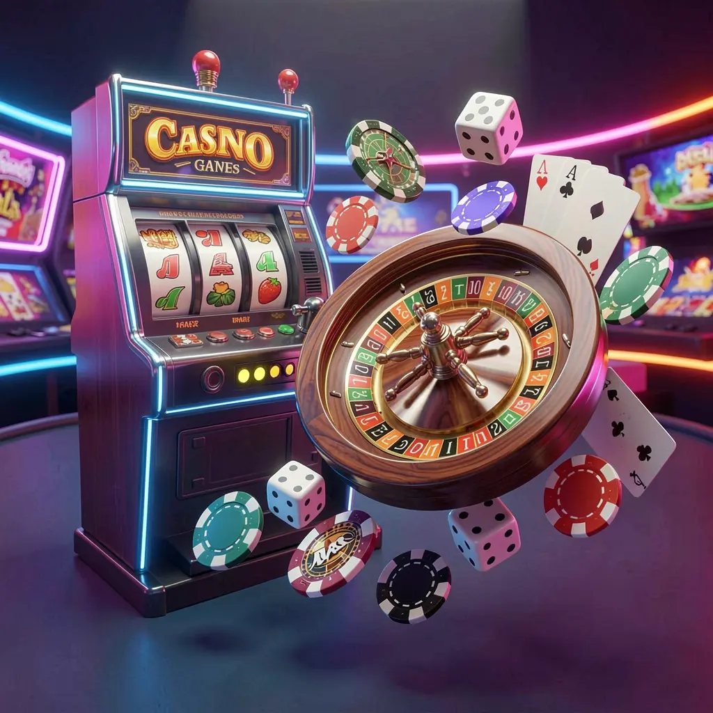 GA7777 casino games collection homepage visual featuring a slot machine, roulette wheel, dice, playing cards, and poker chips floating together with colorful neon lights in a premium 3D render